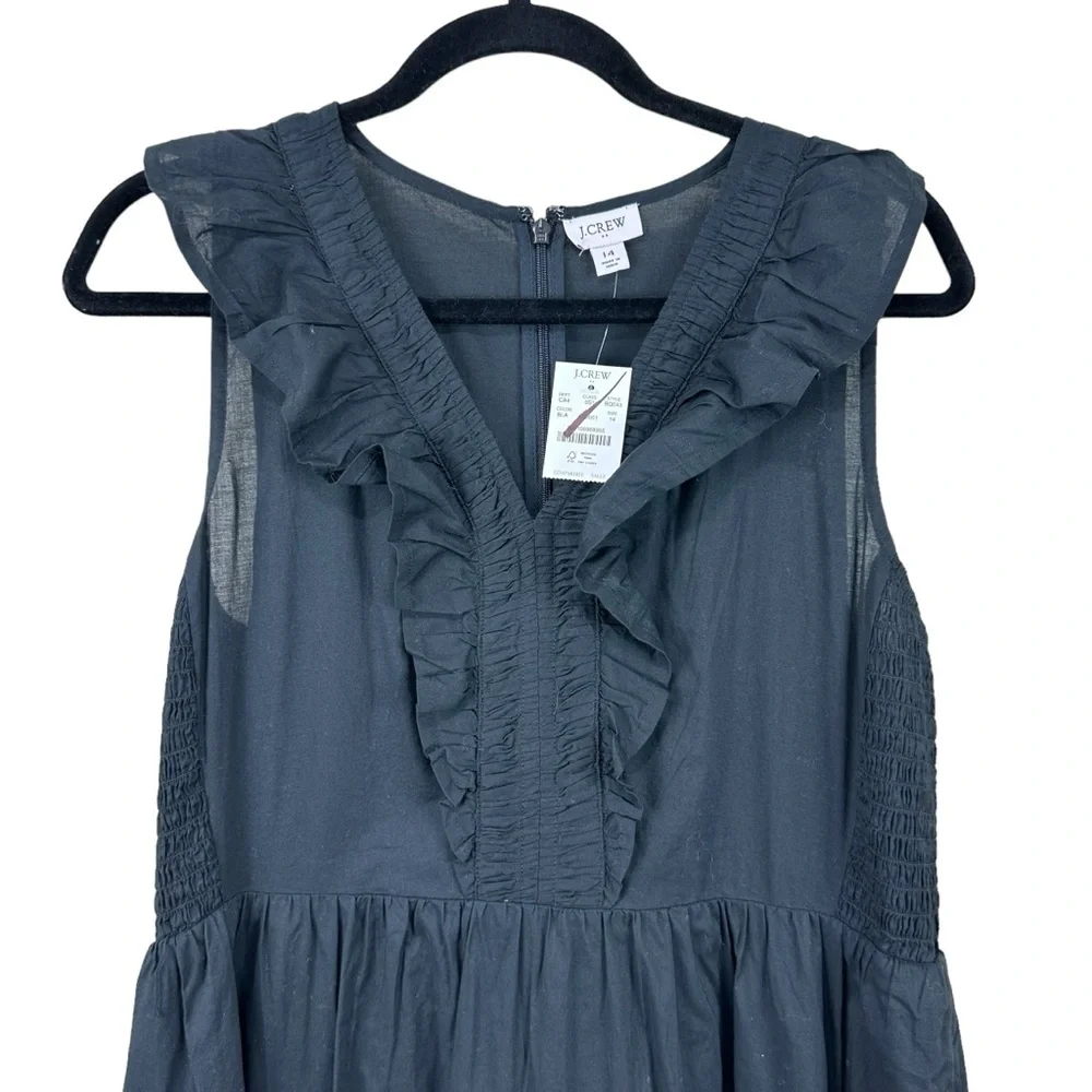 NWT J. Crew V-Neck Smocked Ruffle Tiered Midi Dress Black Sz 14